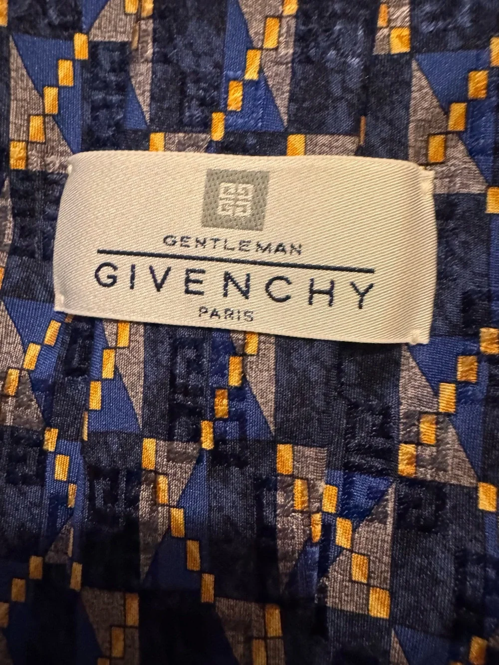 Vintage Givenchy Paris Silk Tie Blue Gold Geometric Designer Necktie